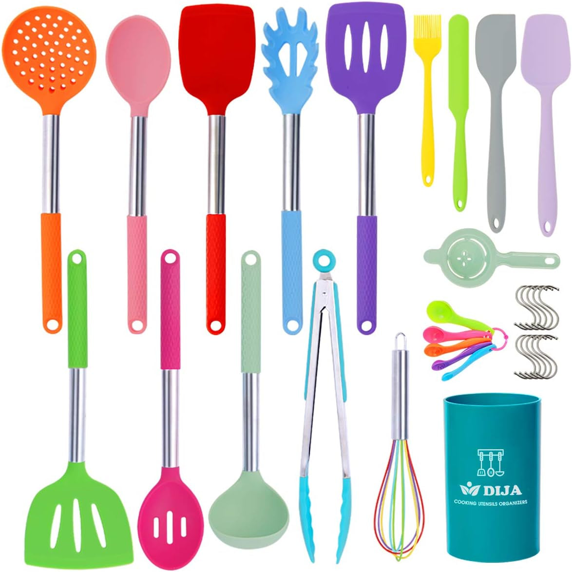 DIJA Silicone Cooking Utensils Set, 31Pcs Kitchen Utensils Set, Heat Resistant Non-Stick Silicone Spatula Set with Stainless Steel Handle Bpa-Free Kitchen Cooking Tools Set - Colorful