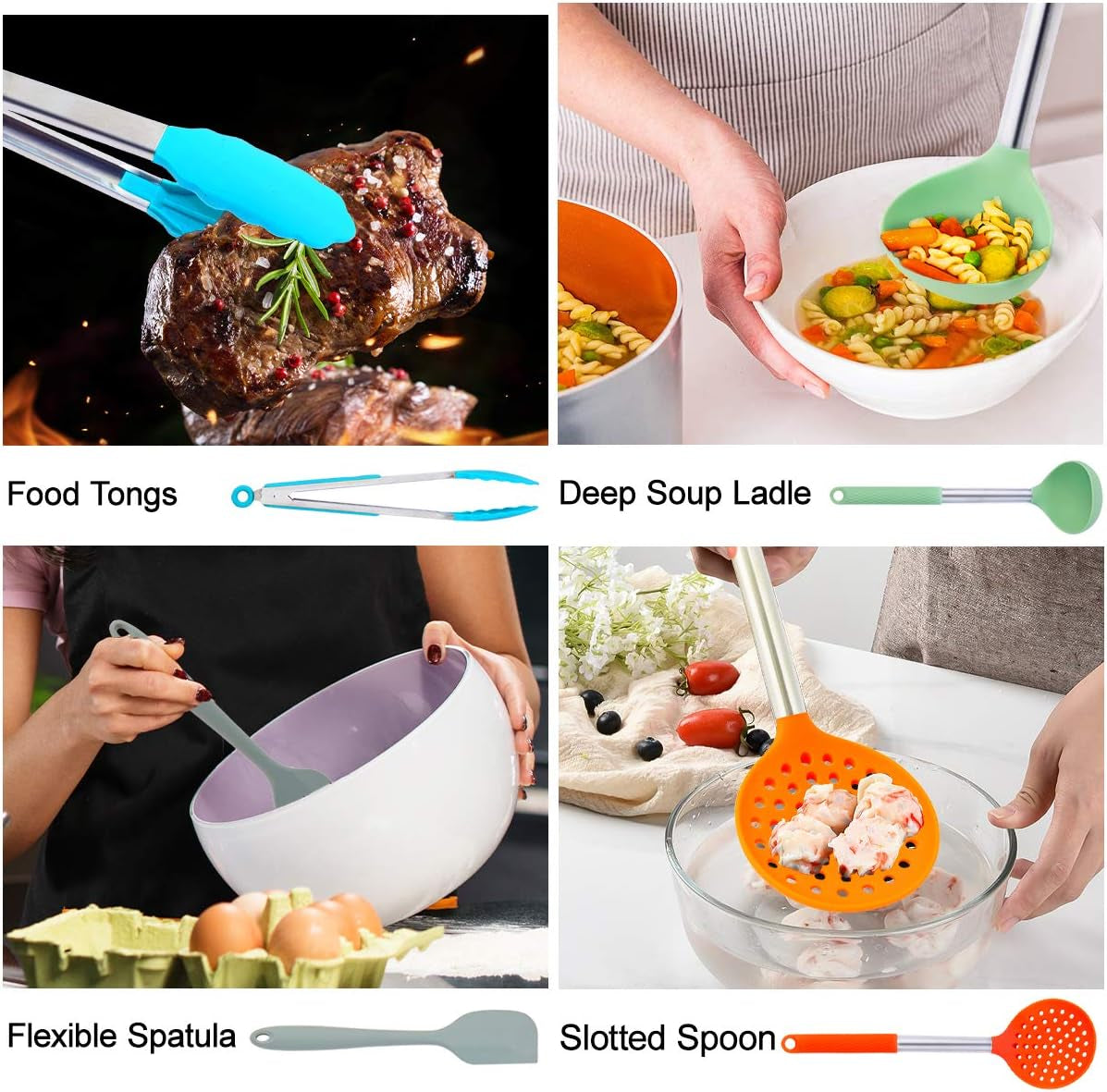 DIJA Silicone Cooking Utensils Set, 31Pcs Kitchen Utensils Set, Heat Resistant Non-Stick Silicone Spatula Set with Stainless Steel Handle Bpa-Free Kitchen Cooking Tools Set - Colorful