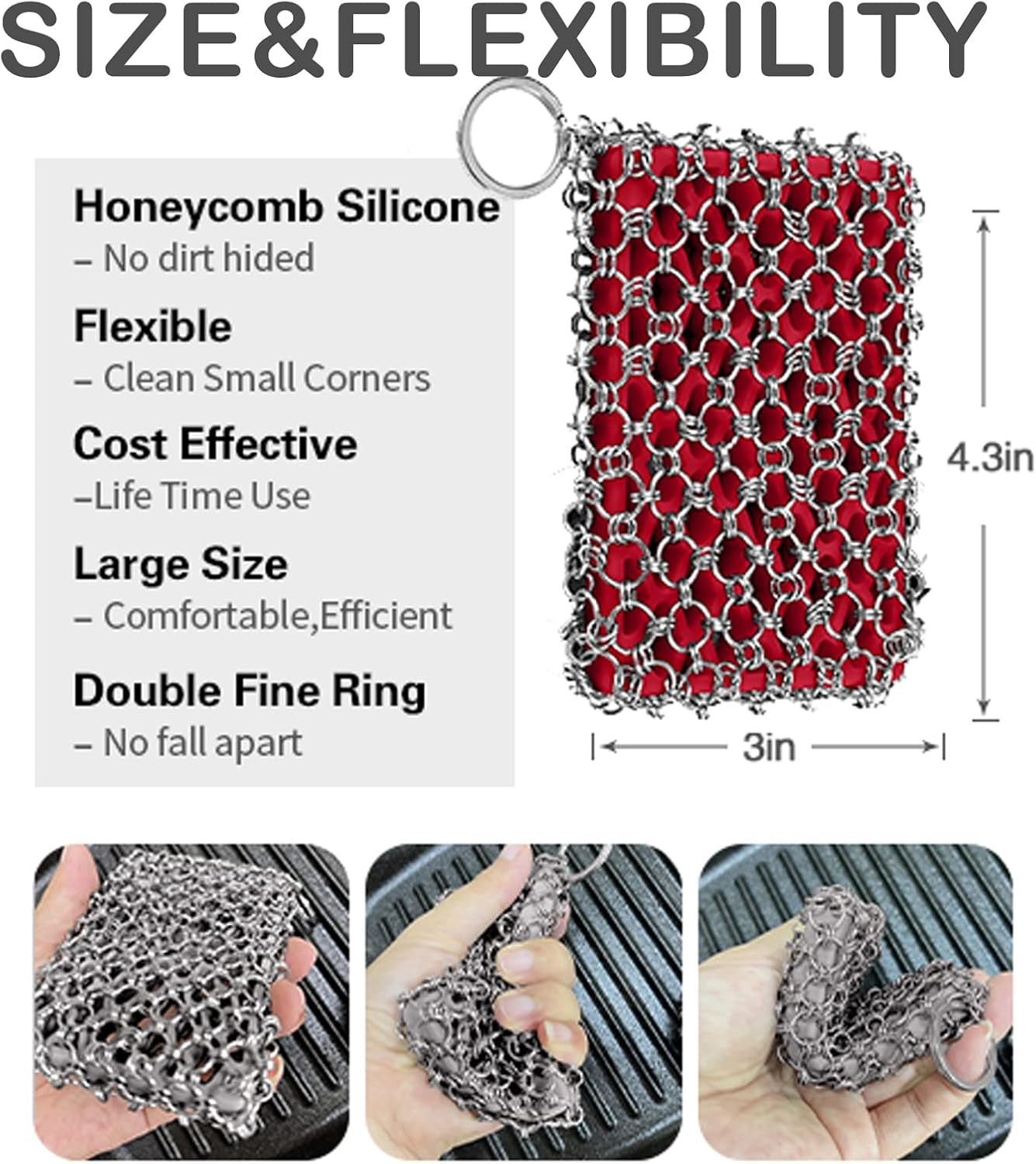 316L Cast Iron Scrubber Cleaner, Large Cast Iron Chain Mail Scrubber - Chainmail Scrubber Sponge - Metal Skillet Scrubbing, Wok, Dutch Oven Cleaning Kit