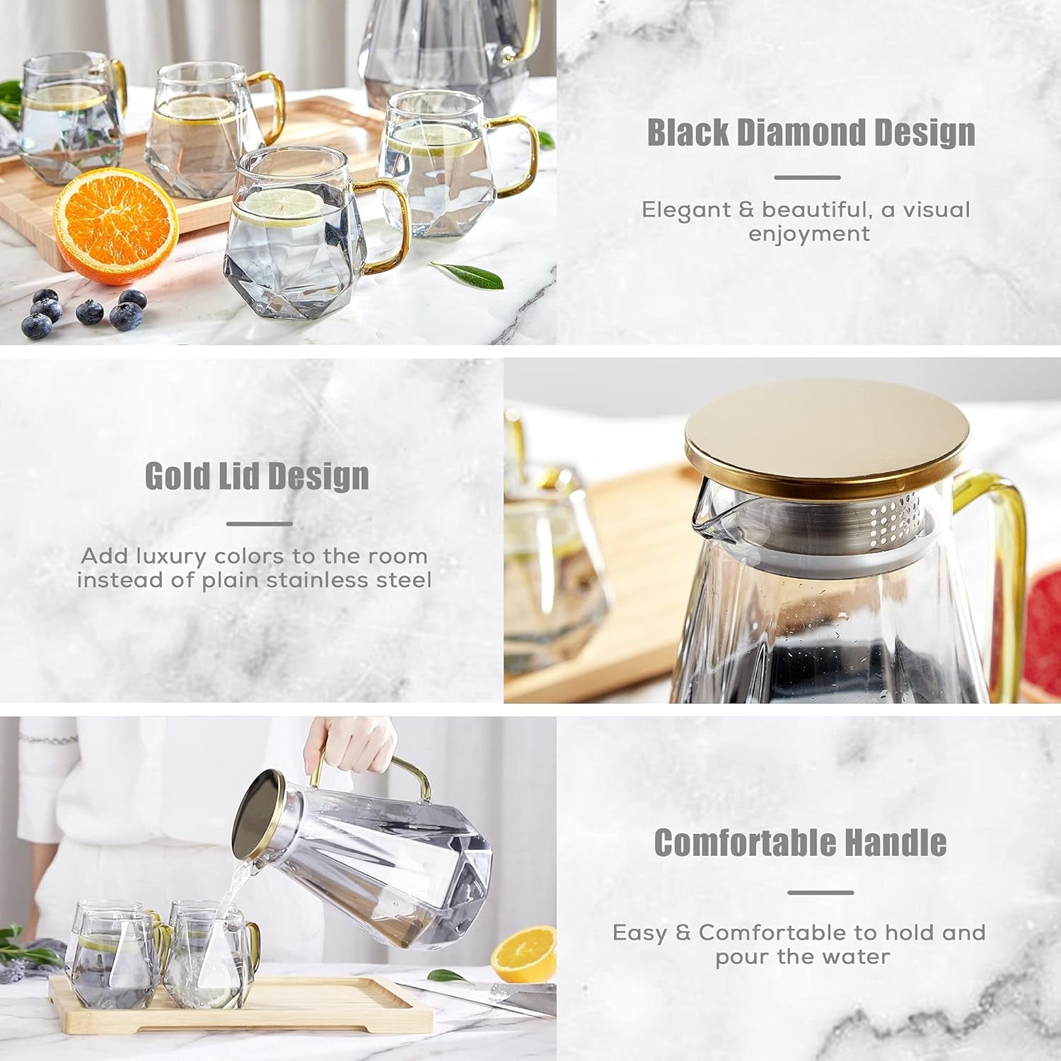 Black Diamond Glass Pitcher with Lid [68 Oz], Elegant Design Water Pitcher with Handle, Decoration for Room, High Durability Water Glass Carafe for Ice Tea Maker, Beverage, Hot/Cold Coffee