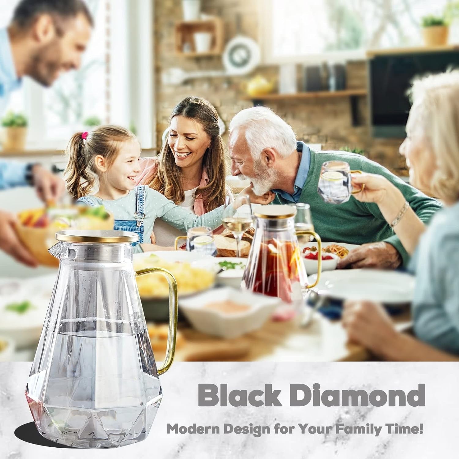 Black Diamond Glass Pitcher with Lid [68 Oz], Elegant Design Water Pitcher with Handle, Decoration for Room, High Durability Water Glass Carafe for Ice Tea Maker, Beverage, Hot/Cold Coffee