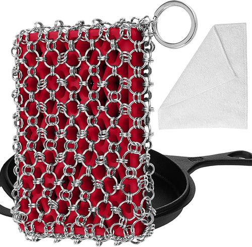 316L Cast Iron Scrubber Cleaner, Large Cast Iron Chain Mail Scrubber - Chainmail Scrubber Sponge - Metal Skillet Scrubbing, Wok, Dutch Oven Cleaning Kit
