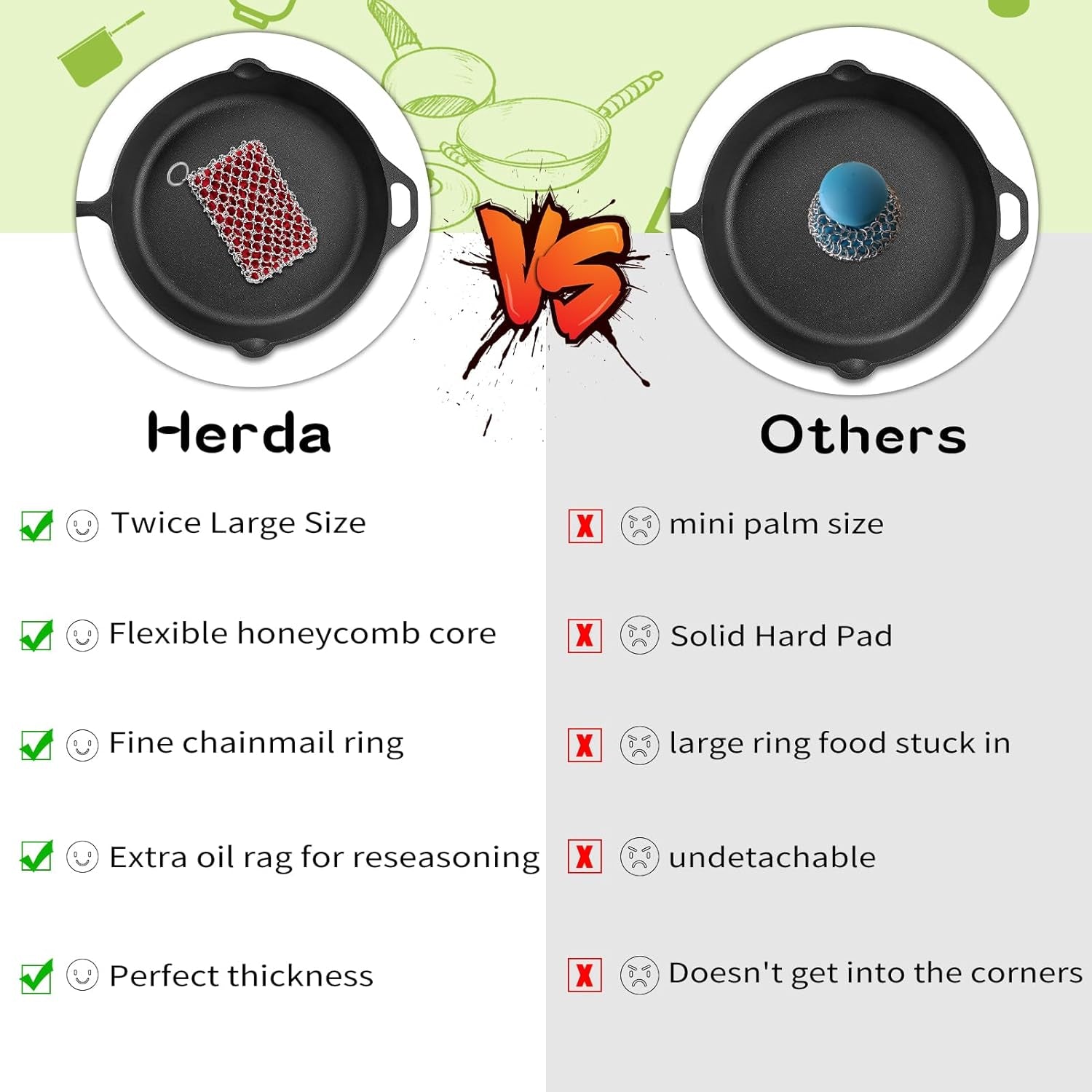 316L Cast Iron Scrubber Cleaner, Large Cast Iron Chain Mail Scrubber - Chainmail Scrubber Sponge - Metal Skillet Scrubbing, Wok, Dutch Oven Cleaning Kit