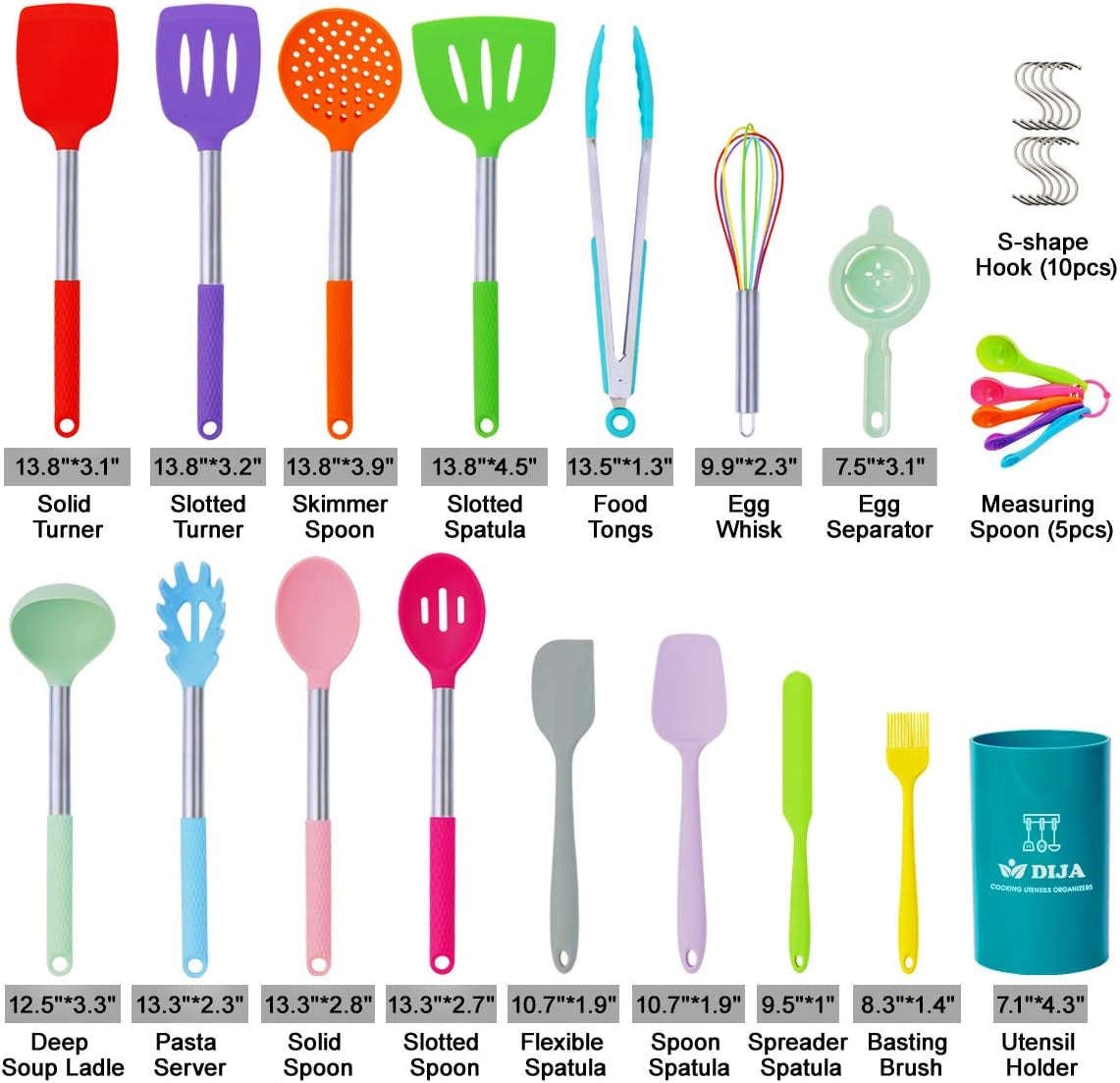 DIJA Silicone Cooking Utensils Set, 31Pcs Kitchen Utensils Set, Heat Resistant Non-Stick Silicone Spatula Set with Stainless Steel Handle Bpa-Free Kitchen Cooking Tools Set - Colorful
