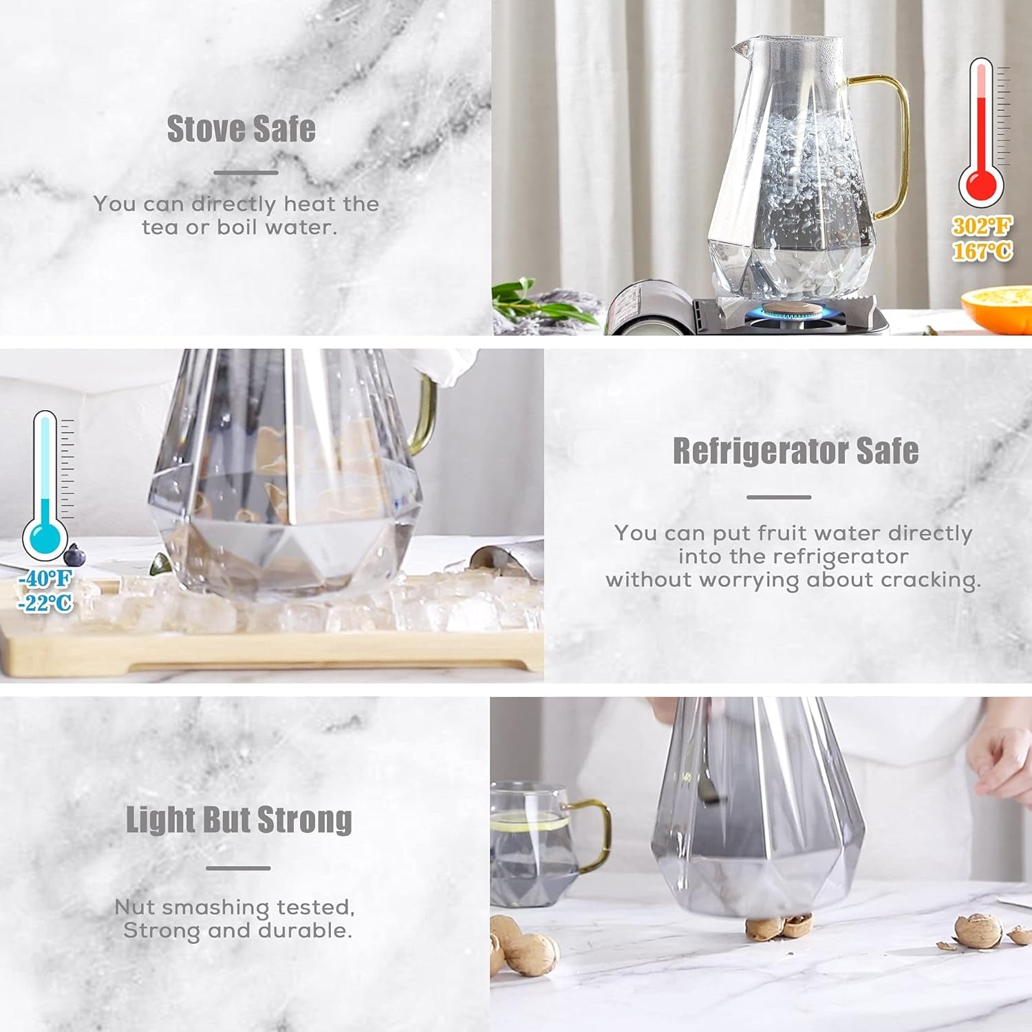 Black Diamond Glass Pitcher with Lid [68 Oz], Elegant Design Water Pitcher with Handle, Decoration for Room, High Durability Water Glass Carafe for Ice Tea Maker, Beverage, Hot/Cold Coffee